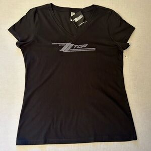 ZZ Top Black V-Neck Women's Tee Shirt Top with rhinestones NWT Sz-L. D4